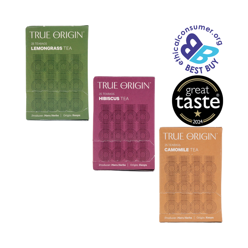 Three True Origin tea packages with a 'Best Buy' label on a white background.