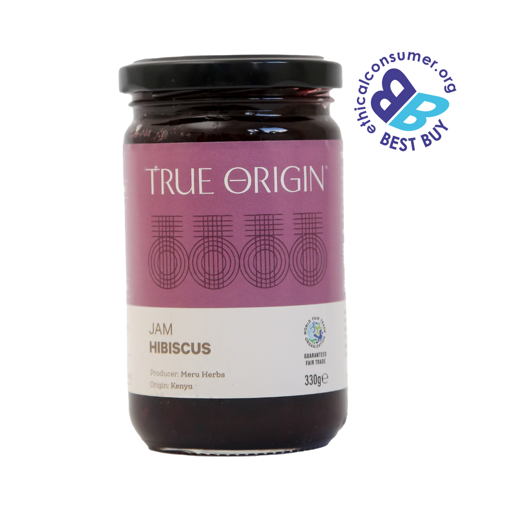 Jar of True Origin hibiscus jam from Meru in Kenya with a purple label on a white background with Best Buy and WFTO fair trade logo