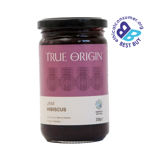 Jar of True Origin hibiscus jam from Meru in Kenya with a purple label on a white background with Best Buy and WFTO fair trade logo
