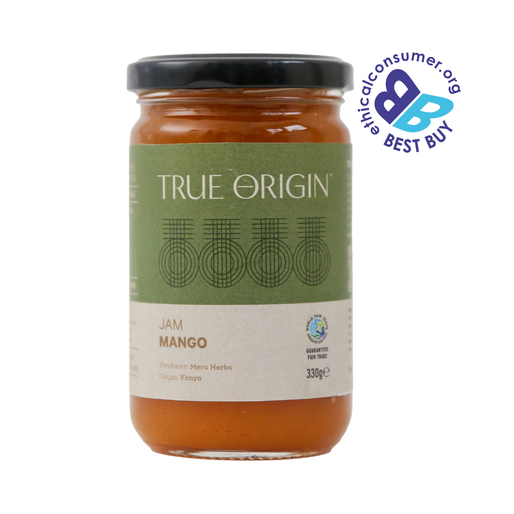 Jar of True Origin natural mango jam from Kanya with a green label on a white background and Best Buy logo.