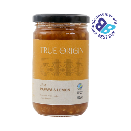 Jar of True Origin ethically sourced yellow papaya and lemon jam on a white background