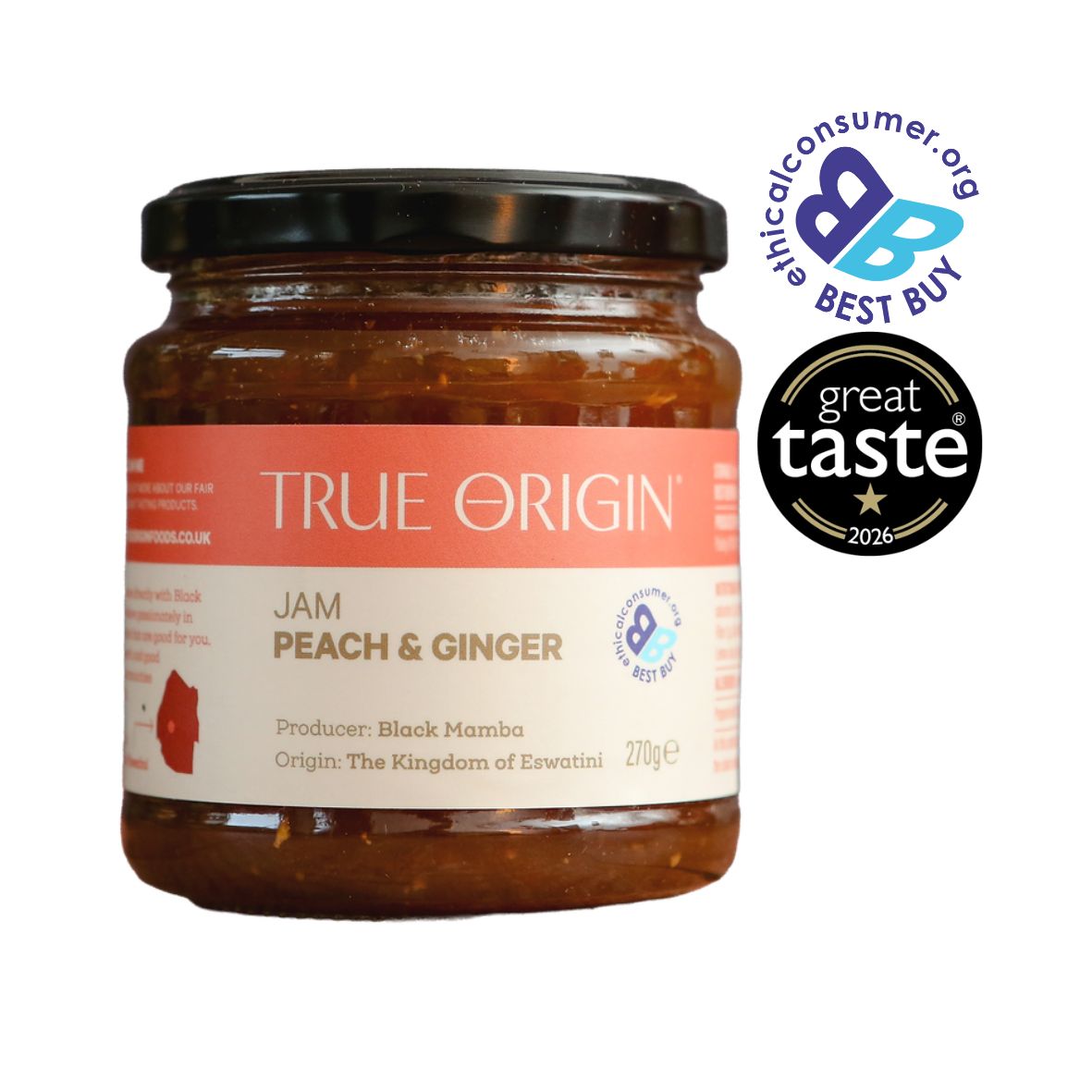 A jar of True Origin Peach & Ginger Jam on a white background, featuring a black lid and a coral and cream label. Two award badges are displayed on the top right: The Best Buy Logo and 1 star Great Taste Award 2026.