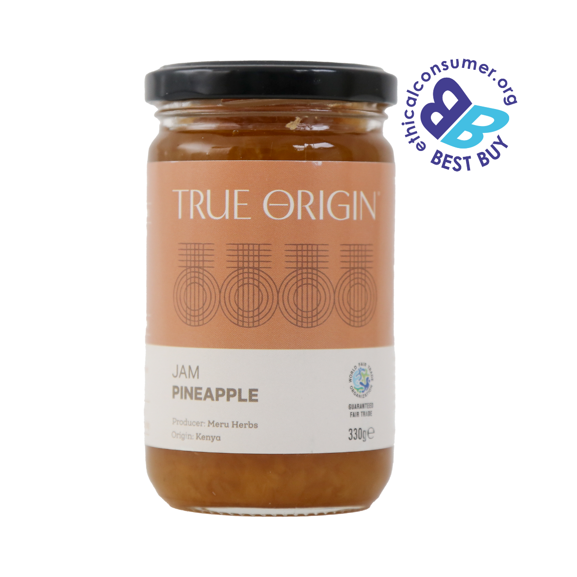 Jar of True Origin naturally produced pineapple jam with a 'Best Buy' label on a white background.