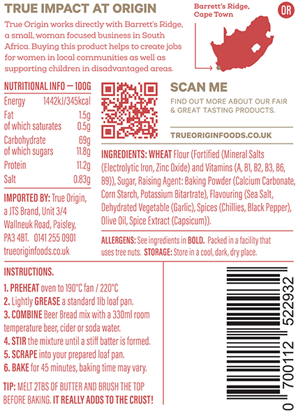 The back label on a bag of garlic and chilli beer bread showing the product information.