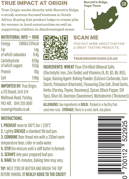 The back label on a bag of garlic and herb beer bread showing the product information.