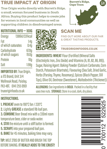 The back label on a bag of garlic and herb beer bread showing the product information.