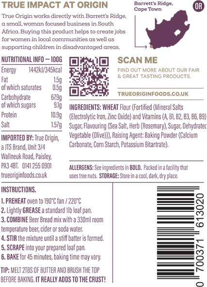 The back label on a bag of olive and rosemary beer bread showing the product information.