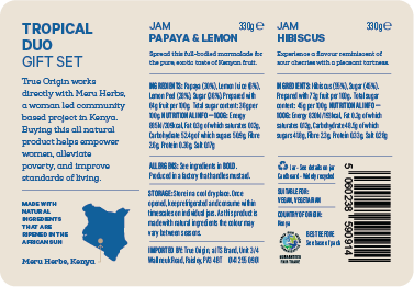 Labels for the back of the Tropical Duo gift set with product information including ingredients and allergens.