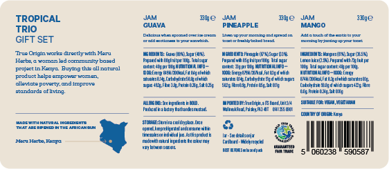 Labels for the back of the Tropical Trio gift set with product information including ingredients and allergens.