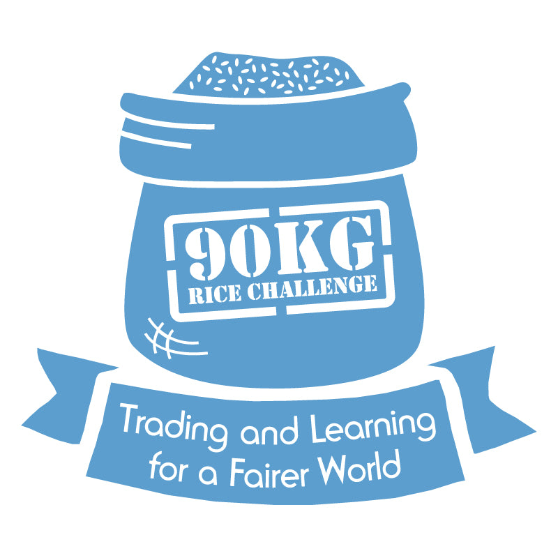 Logo of the 90kg Rice Challenge depicting a bag of rice with the text '90KG RICE CHALLENGE Trading and Learning for a Fairer World'.