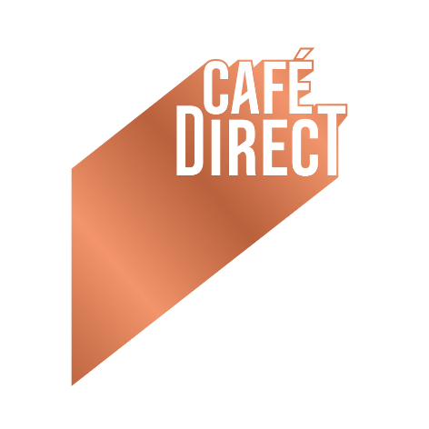 A white background with a bronze band with Cafe Direct printed in white.