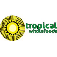 Tropical Wholefoods log written in green font next to yellow sun.