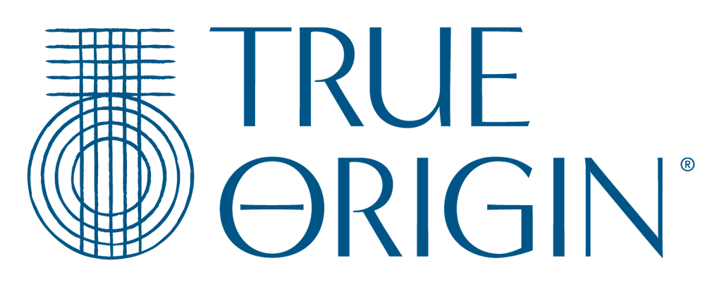 The True Origin logo and wordmark stacked in blue.