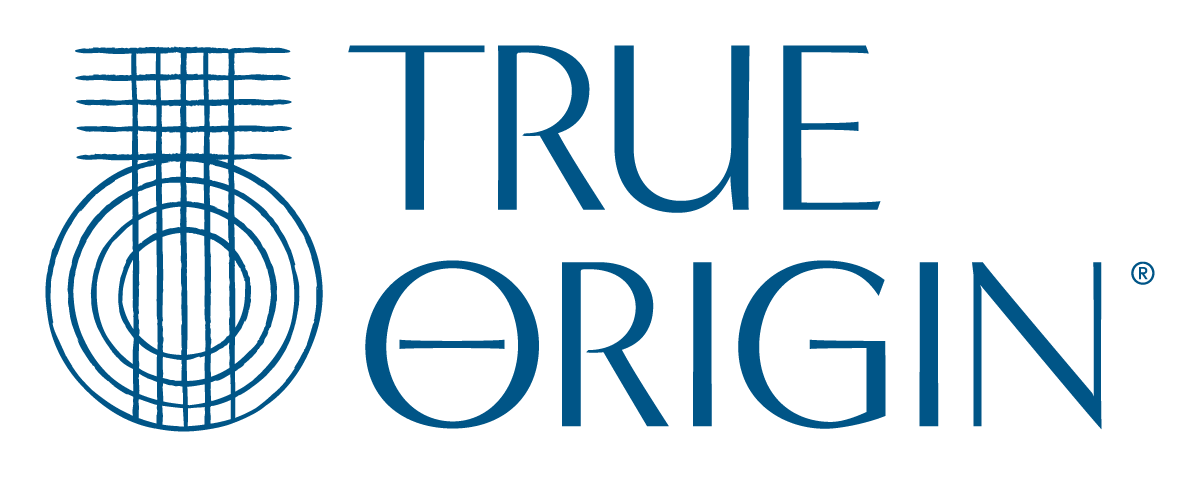 The True Origin logo and wordmark stacked in blue.