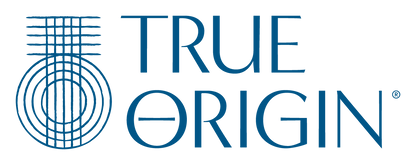 The True Origin logo and wordmark stacked in blue.