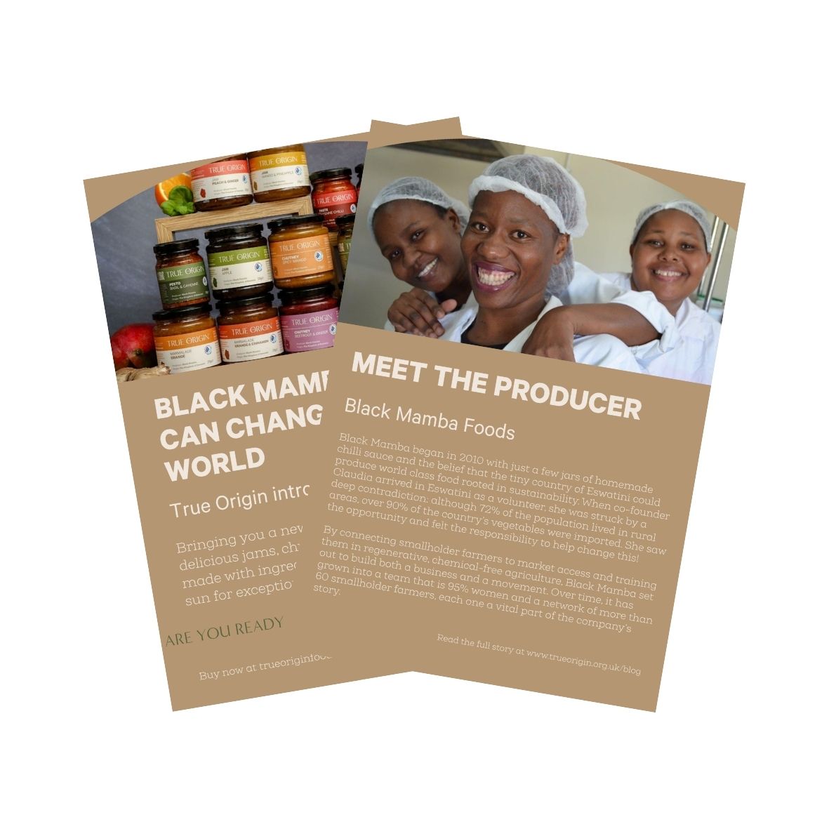 Producer leaflet (Black Mamba) with product packaging imagery, people behind the products and text.