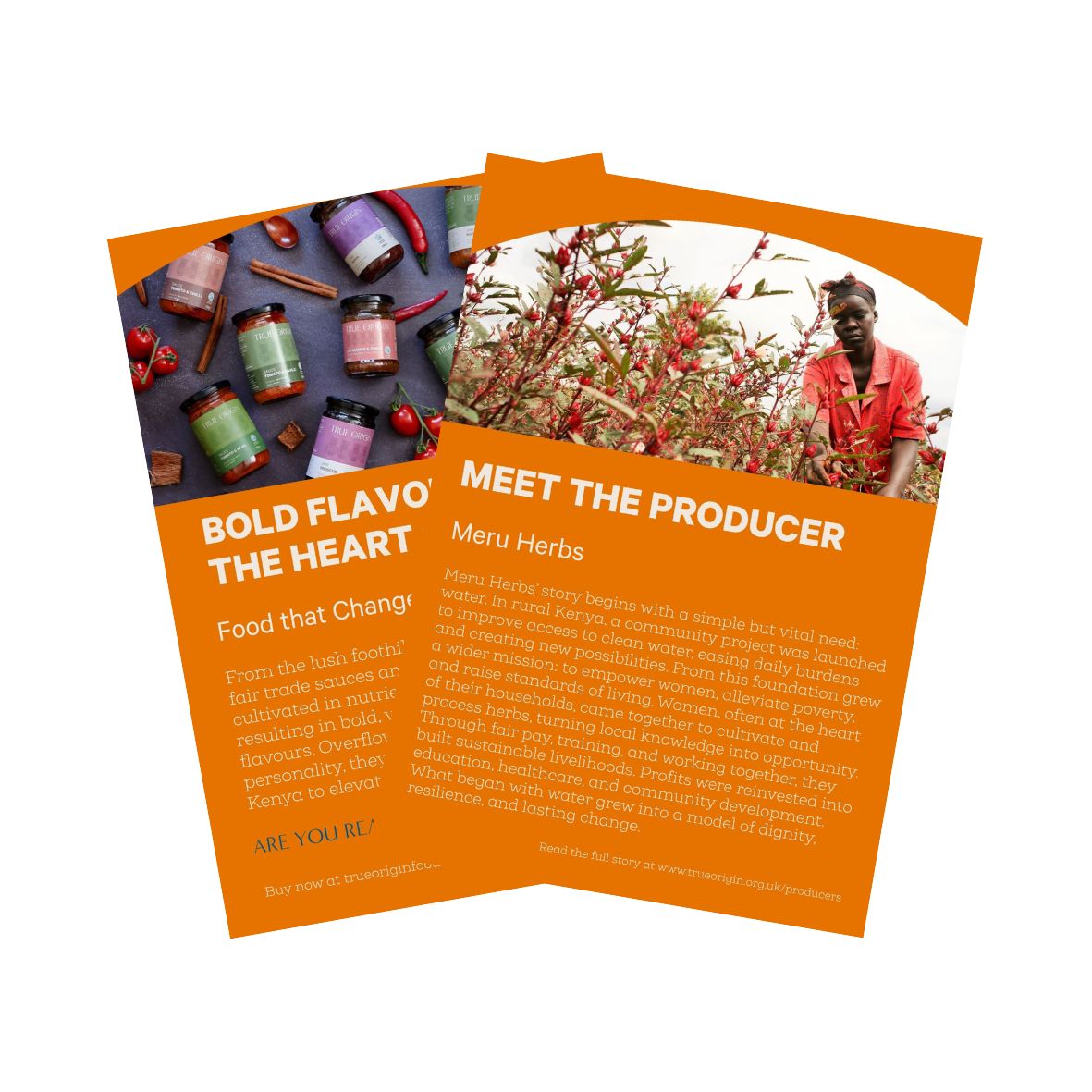 Producer leaflet (Meru Herbs) with product packaging imagery, people behind the products and text.