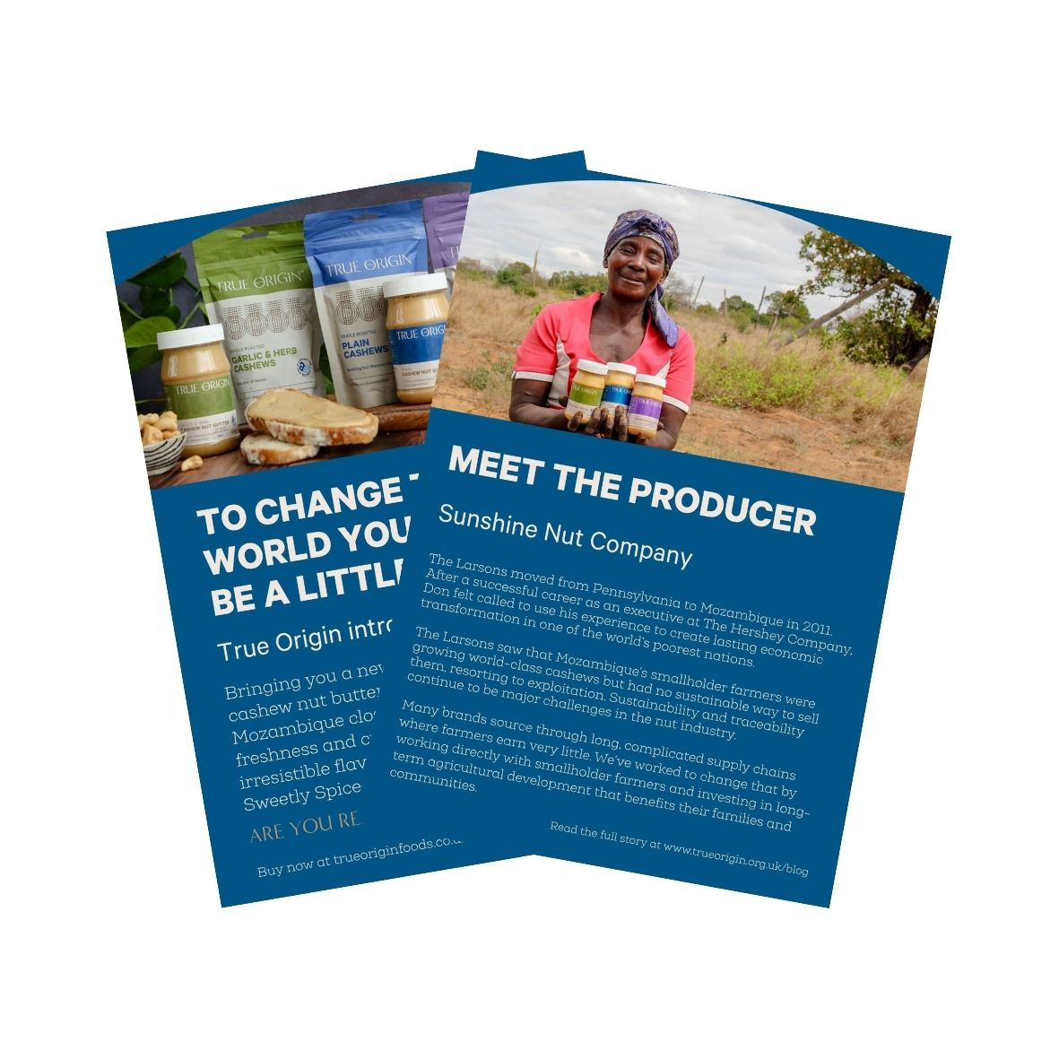 Producer leaflet (Sunshine Nuts) with product packaging imagery, people behind the products and text.
