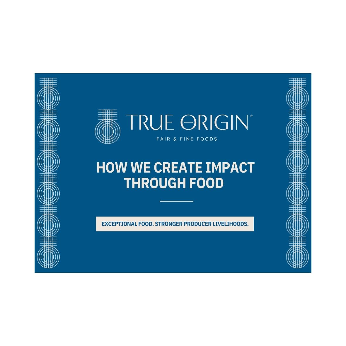 Image of a True Origin leaflet containing the True Origin logo on a blue background with text about creating impact through food.