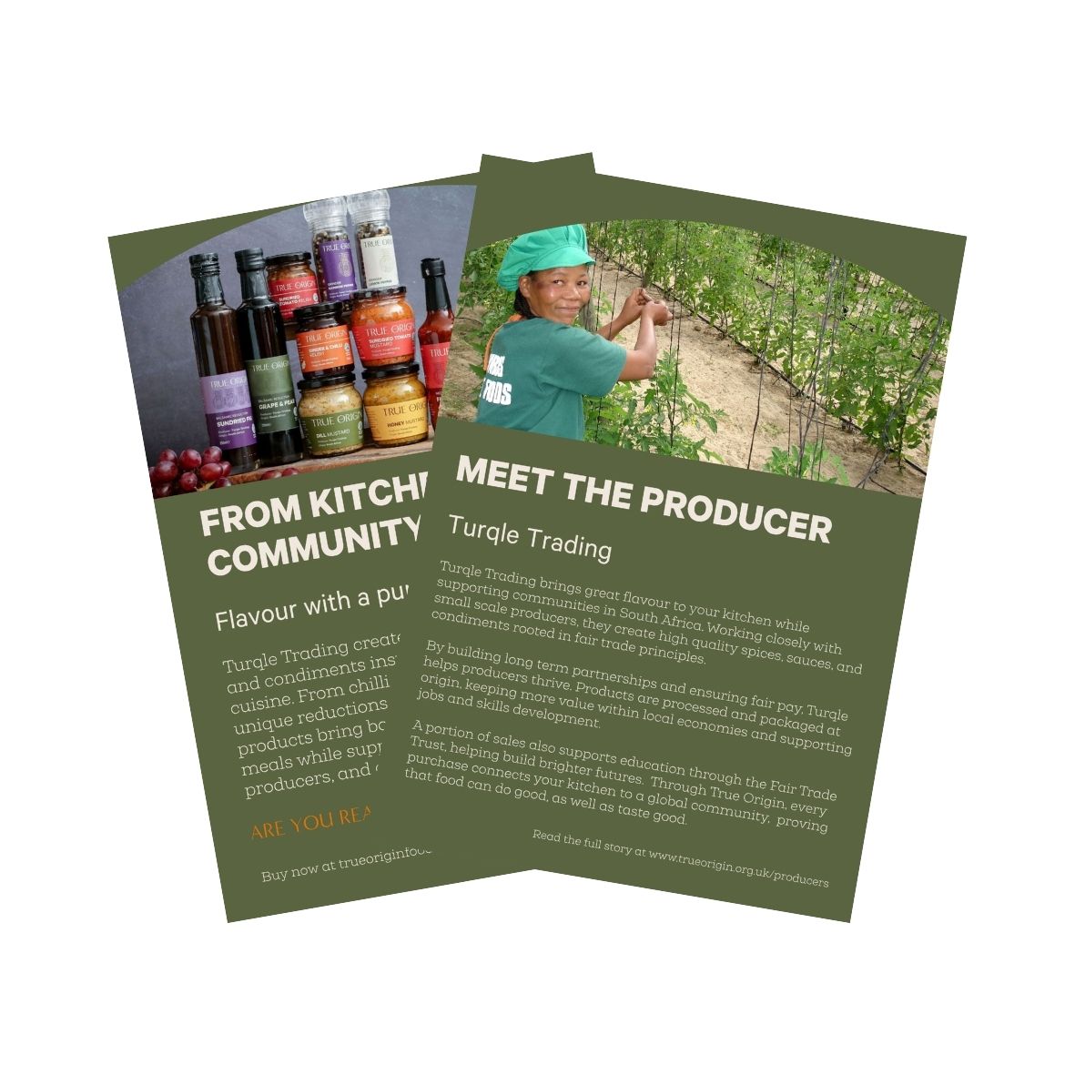 Producer leaflet (Turqle Trading) with product packaging imagery, people behind the products and text.