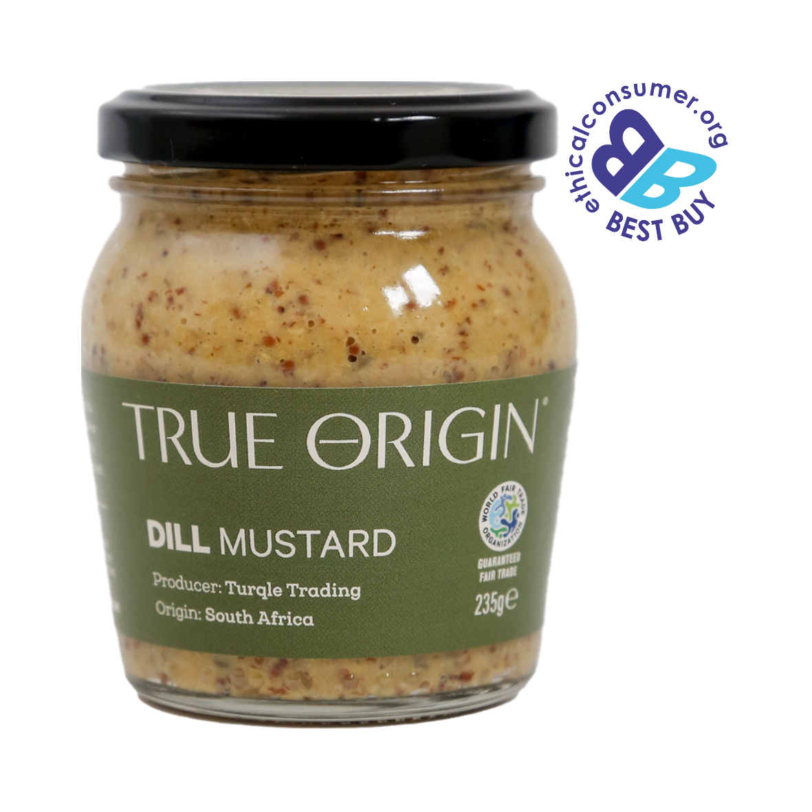 Jar of True Origin dill mustard with a visible 'Best Buy' label.  Fair Trade from South Africa, great for the foodie.