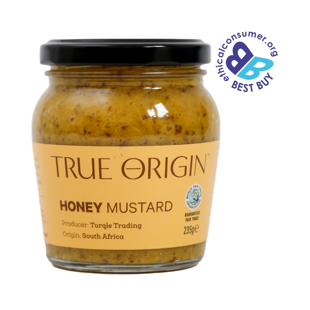 Jar of True Origin fair trade honey mustard on a white background