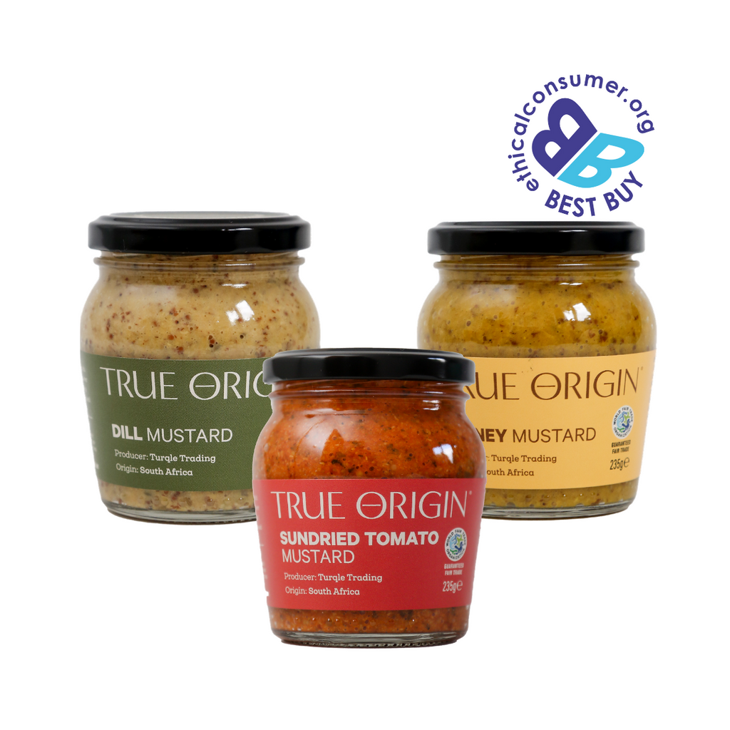 Three jars of True Origin mustard with a visible 'Best Buy' label.  Fair Trade from South Africa, great for the foodie.