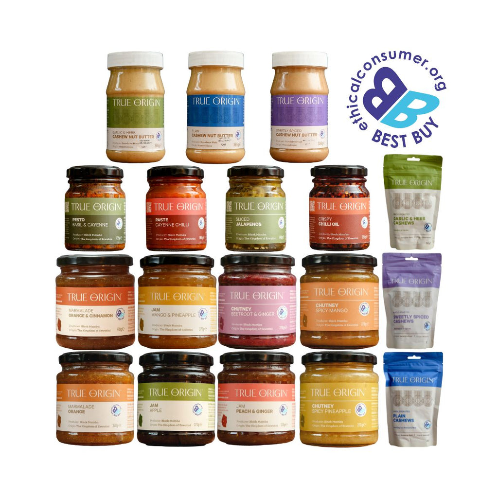 Assorted jars and packets of True Origin products with a 'Best Buy' label on a white background.