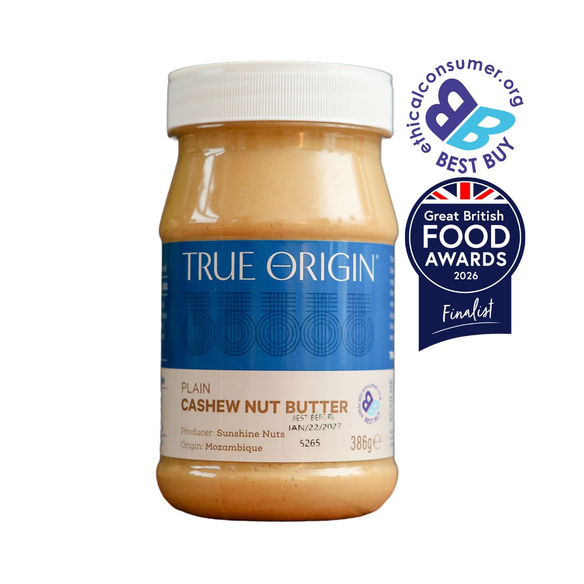 A jar of True Origin Plain Cashew Nut Butter on a white background, featuring a blue and white label. Two award badges are displayed on the top right: The Best Buy Logo and Great British Food Awards 2026.
