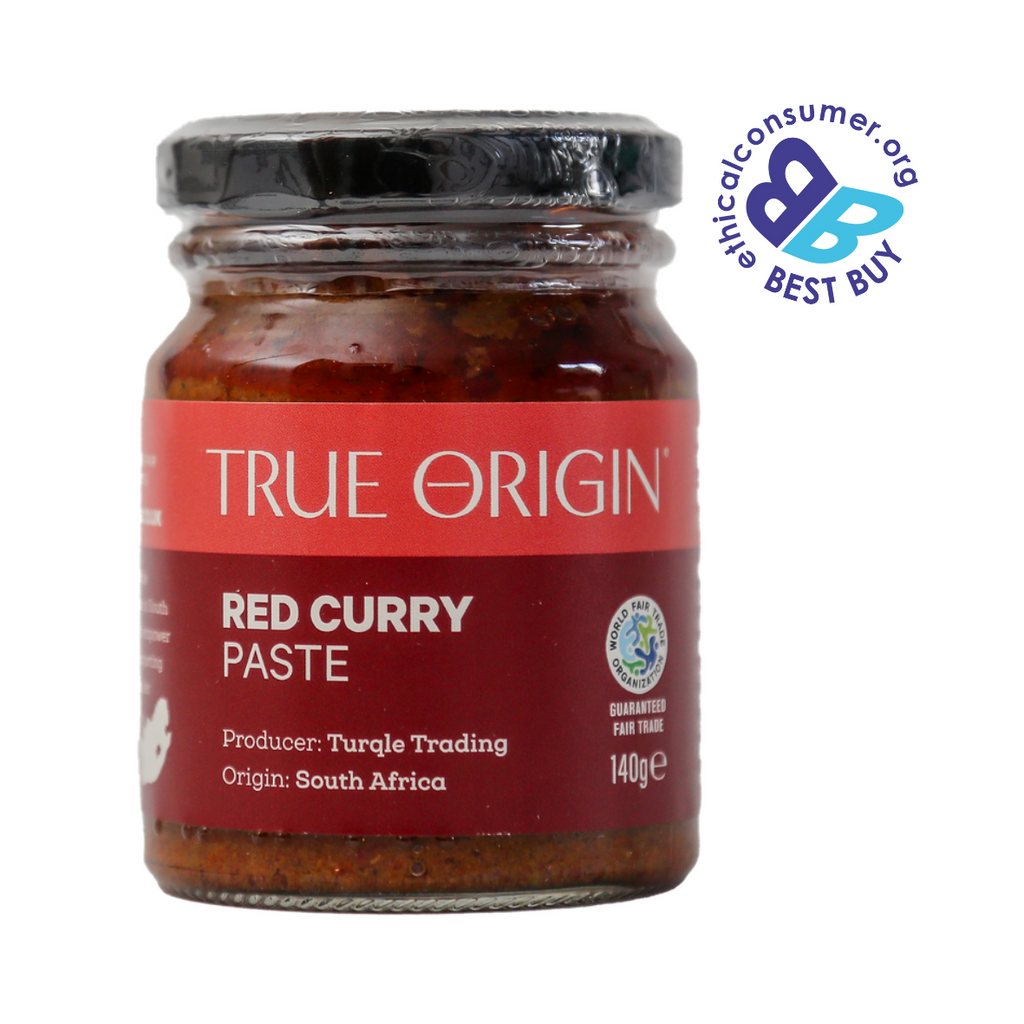 Jar of True Origin Red Curry Paste with a 'Best Buy' label on a white background