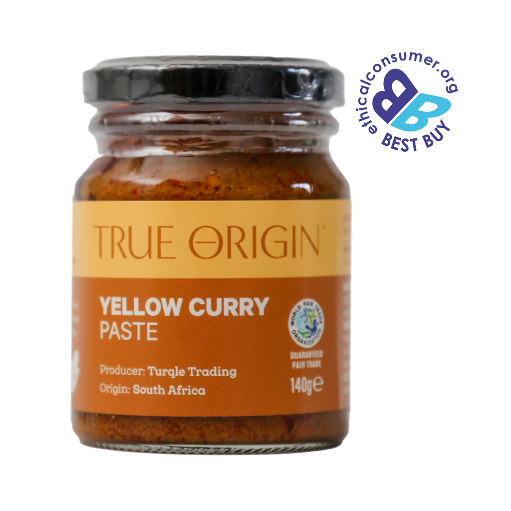Jar of True Origin Yellow Curry Paste with a 'Best Buy' label on a white background from South Africa