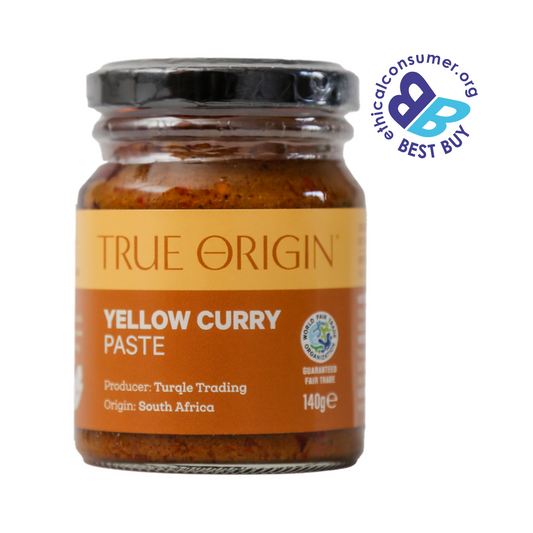 Jar of True Origin Yellow Curry Paste with a 'Best Buy' label on a white background from South Africa