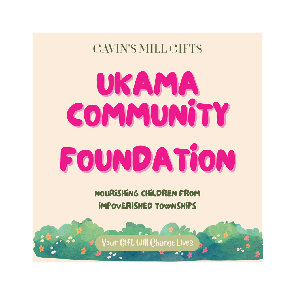 Gavin's Mill Gifts UKAMA Community Foundation promotional card with pink text on a beige background