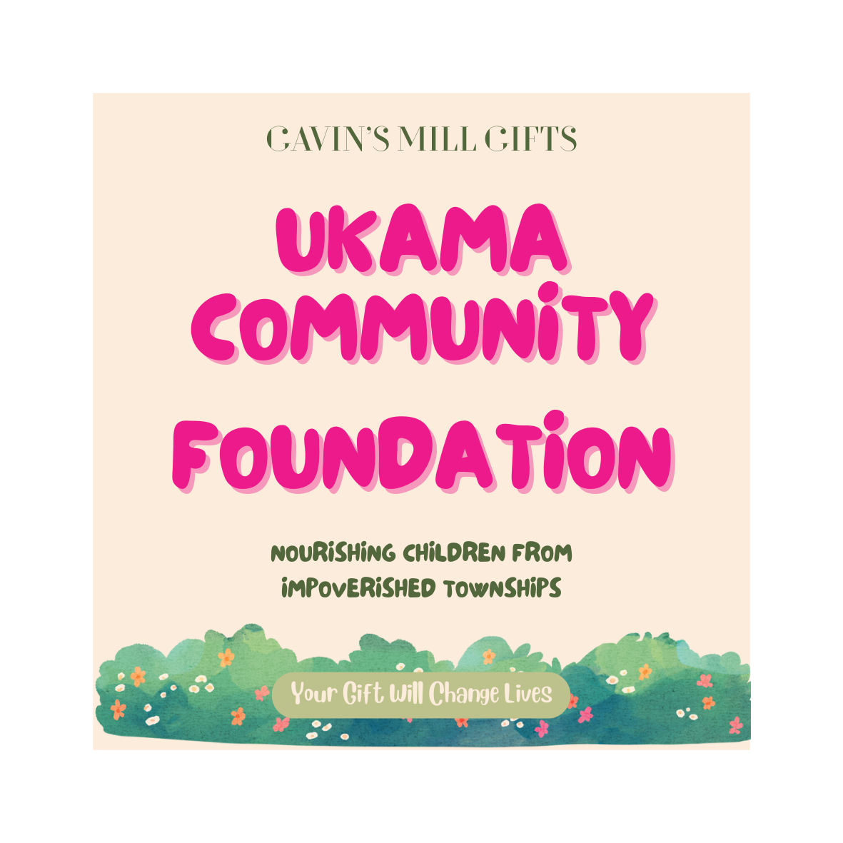 Gavin's Mill Gifts UKAMA Community Foundation promotional card with pink text on a beige background