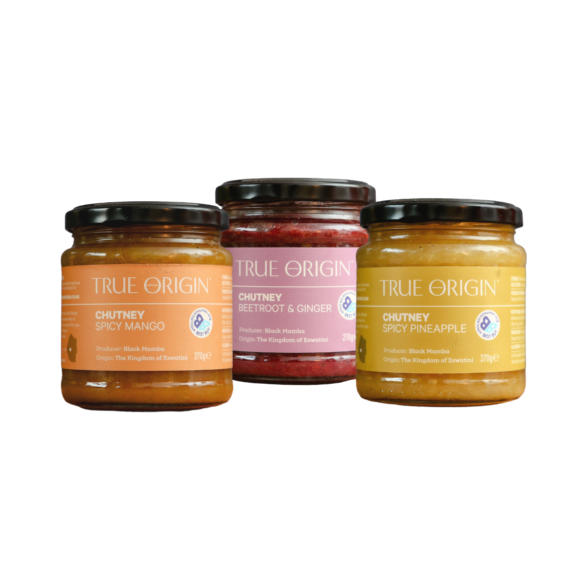 Three jars of True Origin chutney on a white background