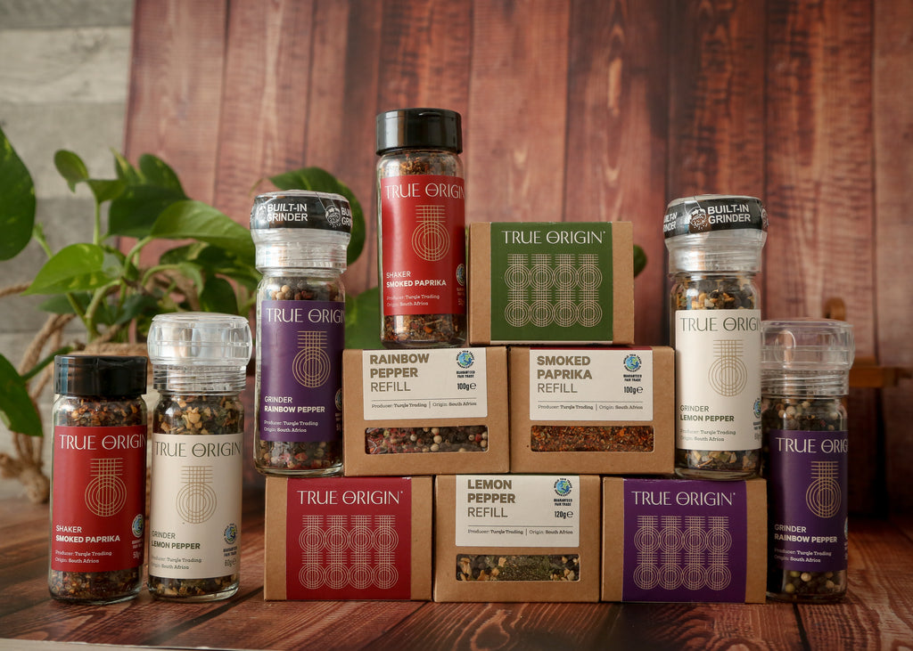 A full range image of all the grinders. shakers and refill boxes in the True Origin range.