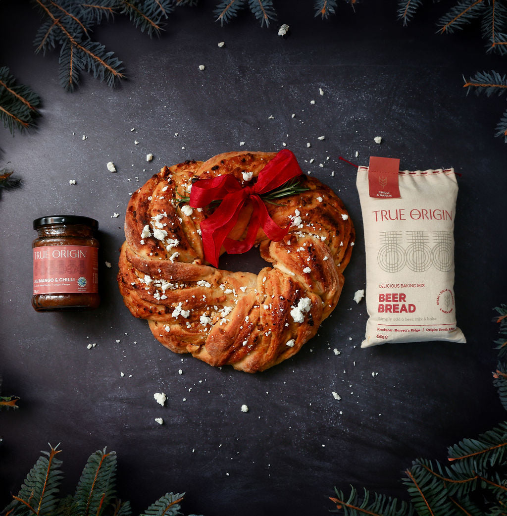 A Festive Feta Wreath made with Chilli & Garlic Beer Bread with Mango and Chilli Jam.