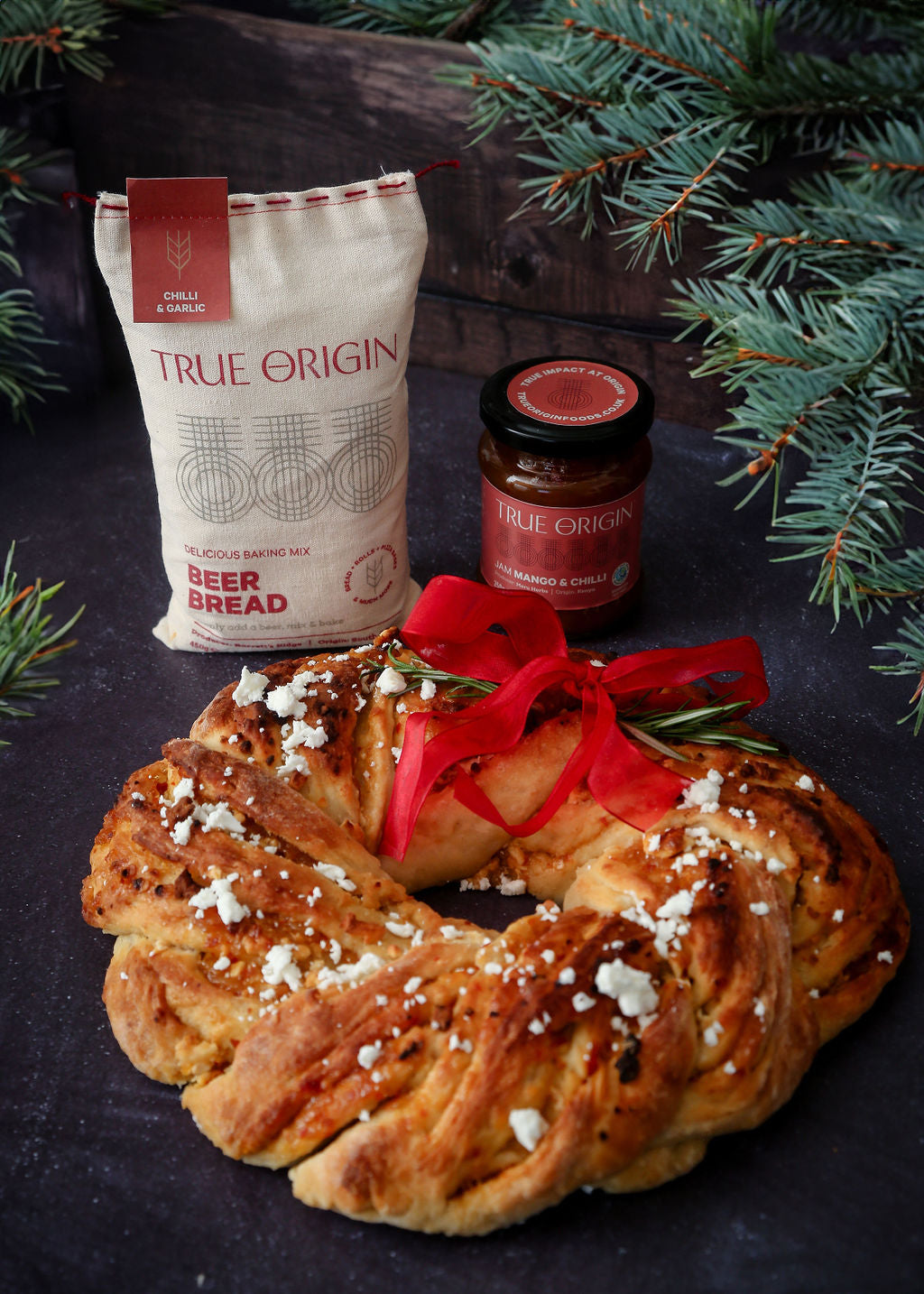 A Festive Feta Wreath made with Chilli & Garlic Beer Bread with Mango and Chilli Jam.