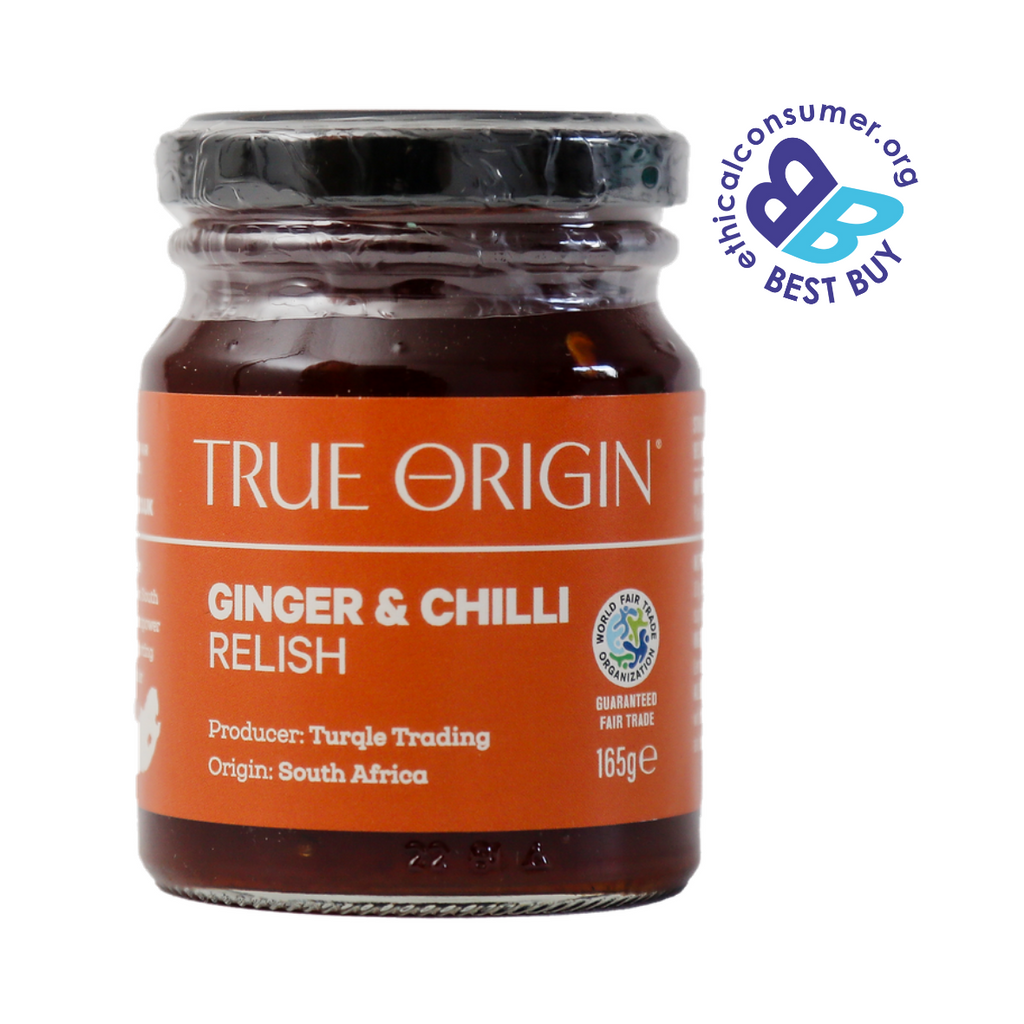 Jar of True Origin Ginger & Chilli Relish on a white background
