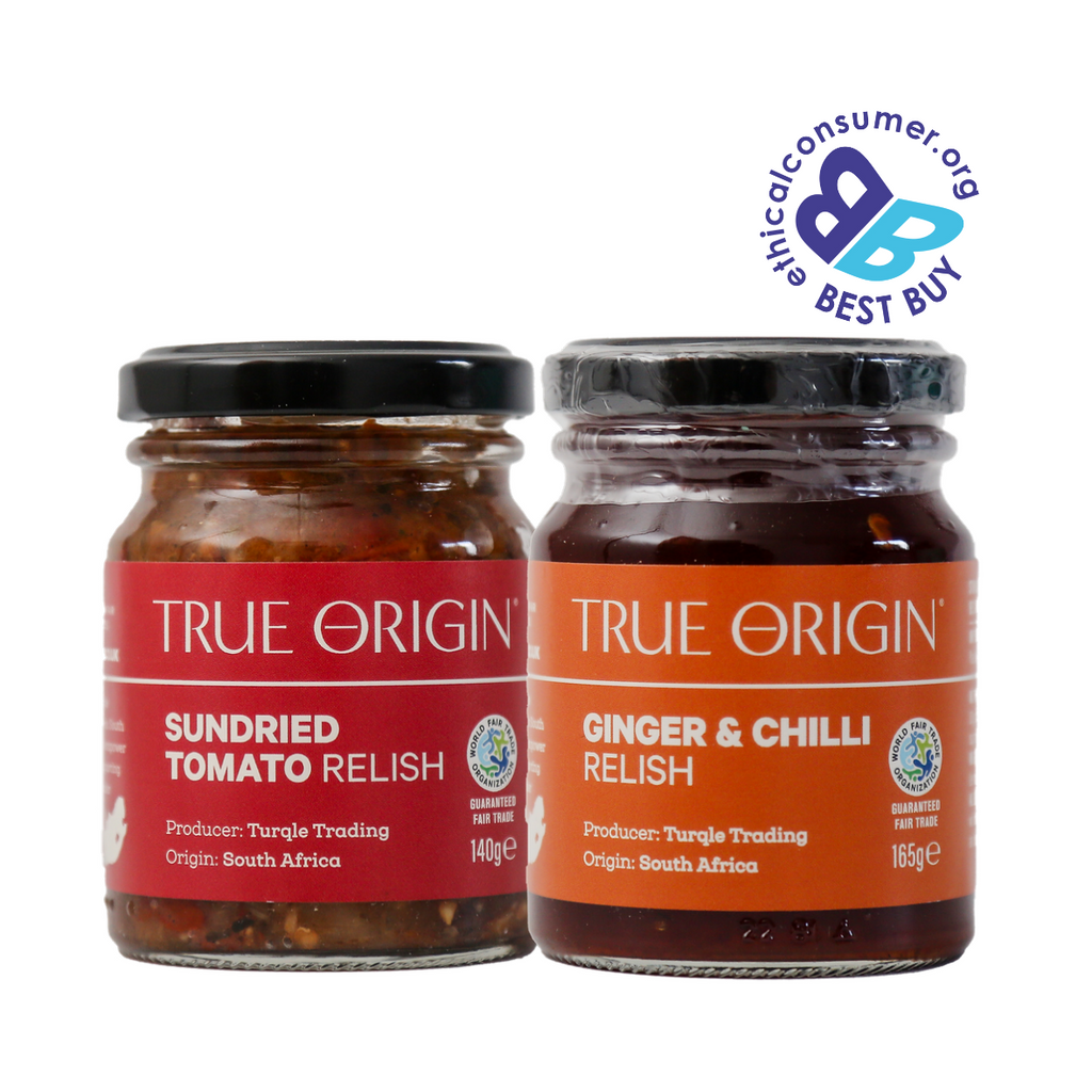 Two jars of True Origin Relish with a 'Best Buy' label on a white background.