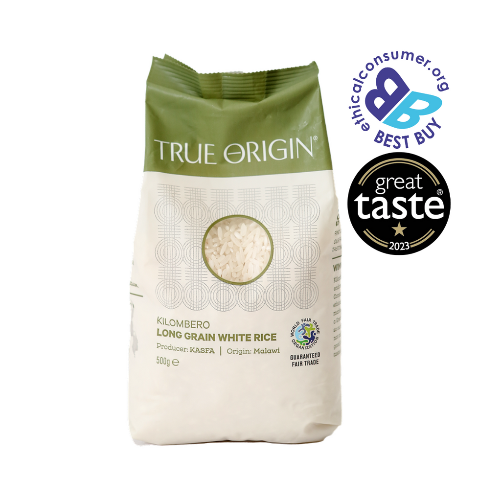 Bag of True Origin white long grain aromatic rice with certification logos on a white background