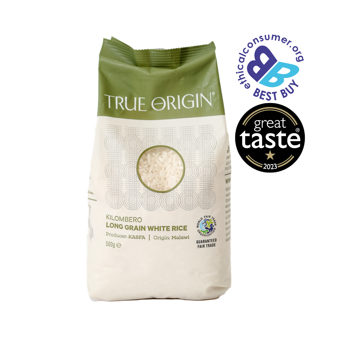 Bag of True Origin white long grain aromatic rice with certification logos on a white background