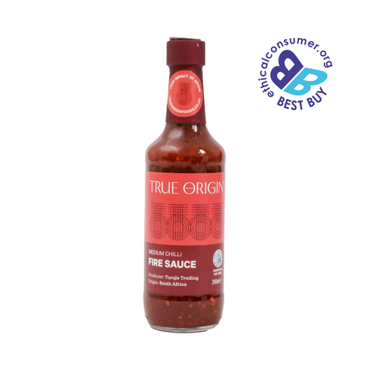 Bottle of True Origin medium chilli fire sauce with a red label on a white background