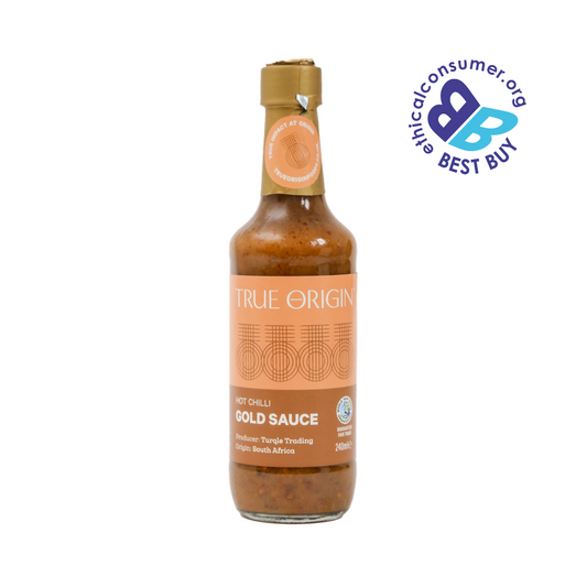 Bottle of True Origin Gold Sauce on a white background with ethicalconsumer.org best buy logo.