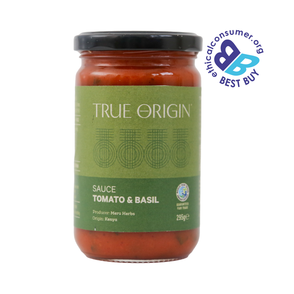 Jar of True Origin fresh and natural tomato and basil sauce with a green label on a white background with Best Buy logo