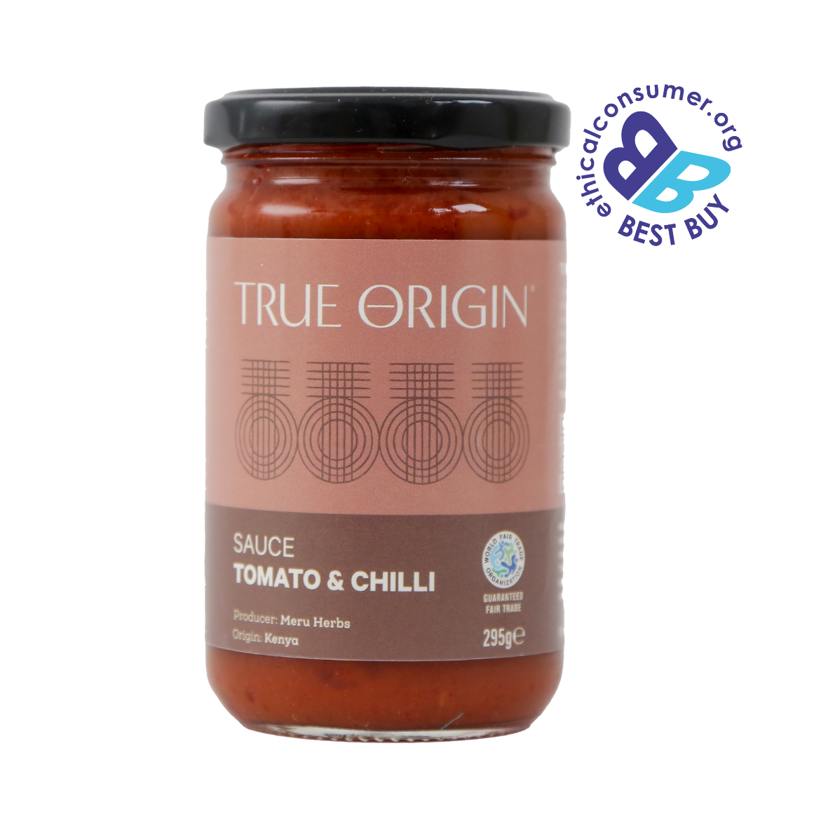 Jar of True Origin naturally, sustainably grown fairtrade Tomato & Chilli sauce on a white background with Best Buy logo awarded by the ethical consumer.