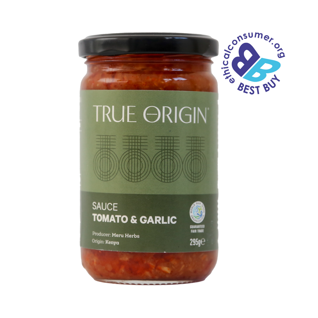 Jar of True Origin fair trade and natural Tomato & Garlic pasta sauce with a green label on a white background with Best Buy logo