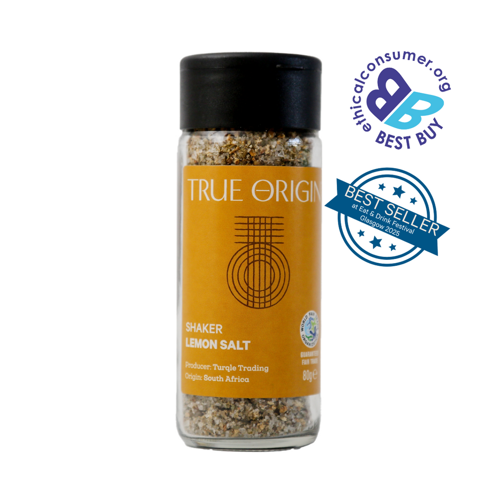 True Origin lemon salt shaker with ethical consumer.org Best Buy logo and best seller badge on a white background