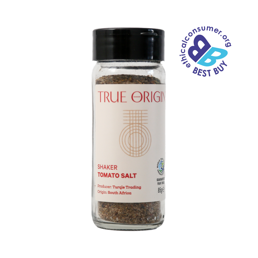 True Origin tomato salt shaker with ethical consumer.org Best Buy logo on a white background.  Great with cheese, tomatoes and eggs.