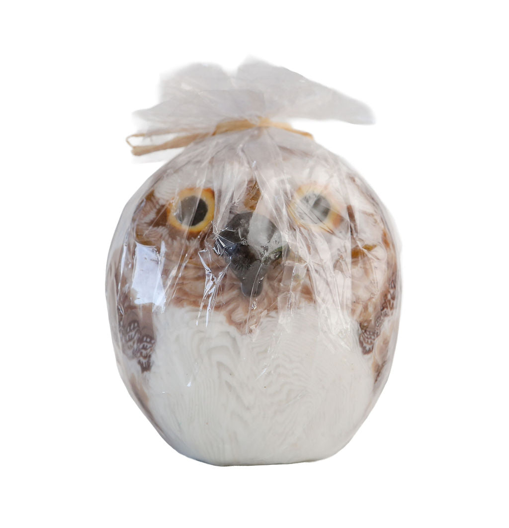 Decorative brown owl candle wrapped in clear plastic on a white background